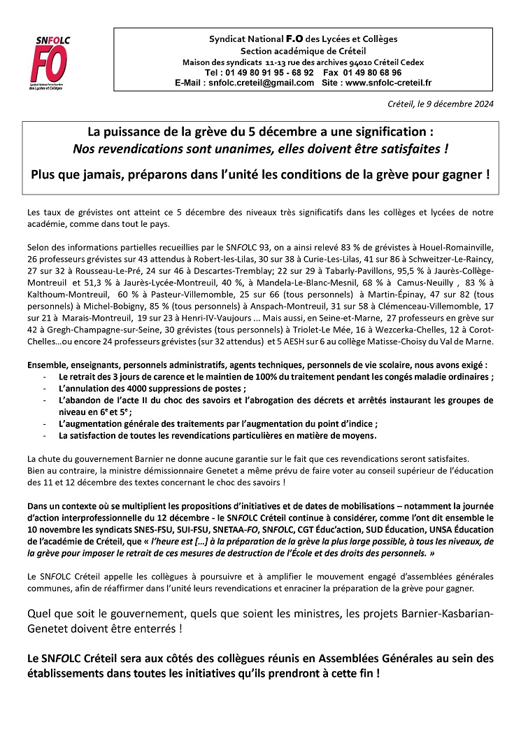 Tract du SNFOLC Créteil du 9/12

La puissance de la grève du 5 décembre a une signification :
Nos revendications sont unanimes, elles doivent être satisfaites !
Plus que jamais, préparons dans l’unité les conditions de la grève pour gagner !