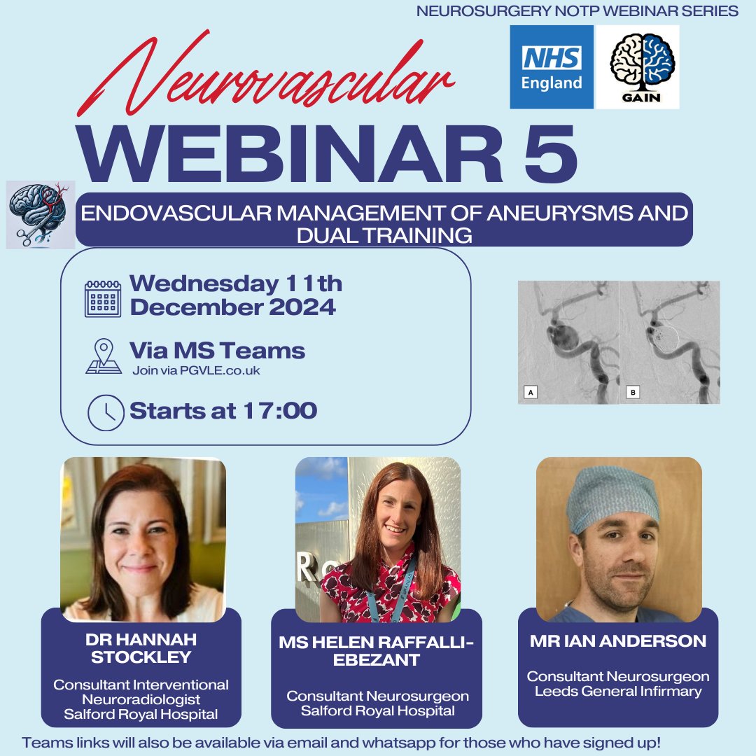 The early Christmas gift you wanted .....a surprise extra neurovascular webinar! 🎁🎄

Covering endovascular principles and dual training.

🗓⏰️17:00 on Wednesday 11th December.
🌐🔗Join via pgvle.co.uk. links will also be sent out via email and WhatsApp