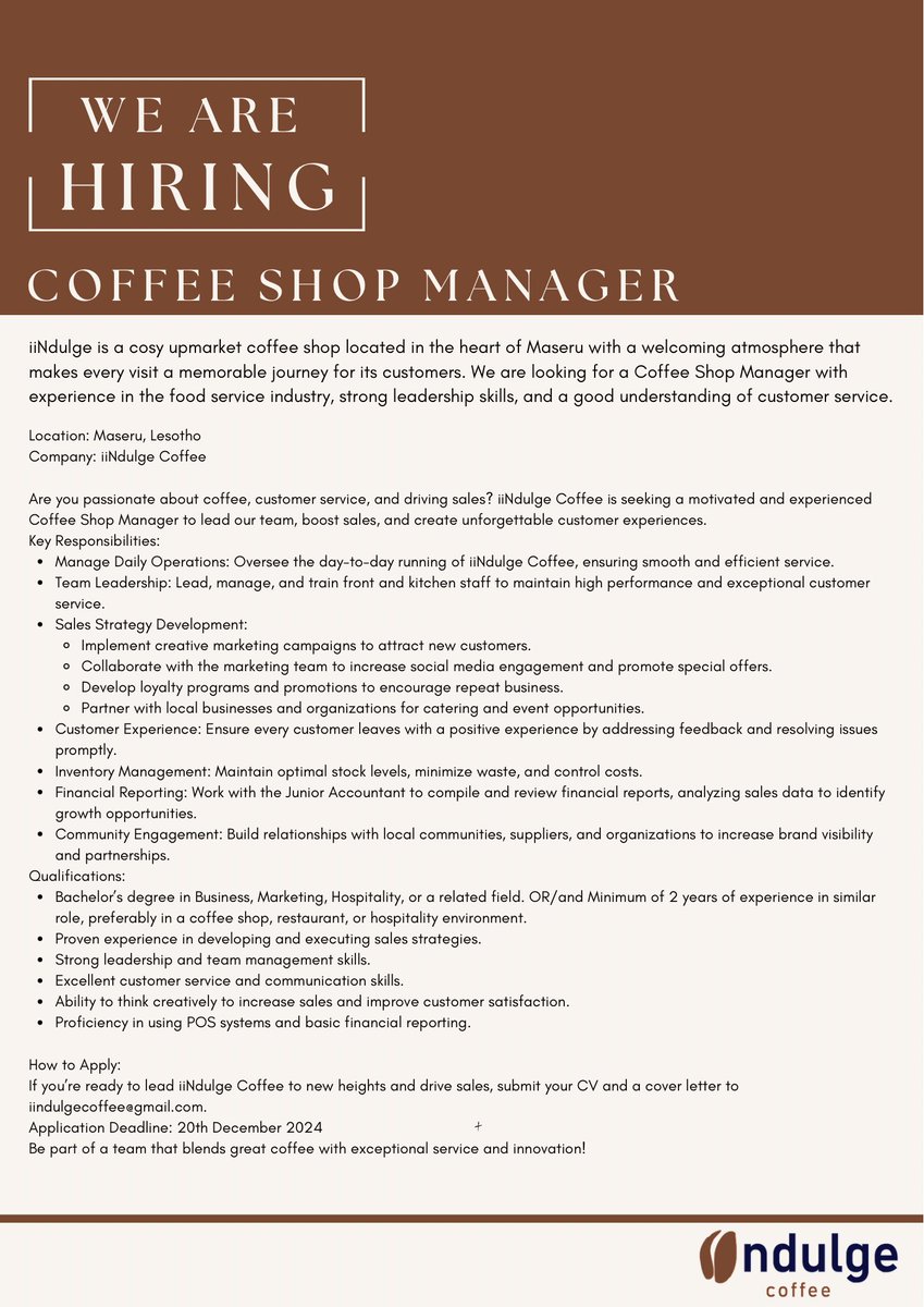 🌟 Join Our Team! We're Hiring! 🌟

Are you passionate about coffee, leadership, and making an impact? Or are numbers your language, and you dream of helping businesses thrive? ☕📊

✨ We're looking for: