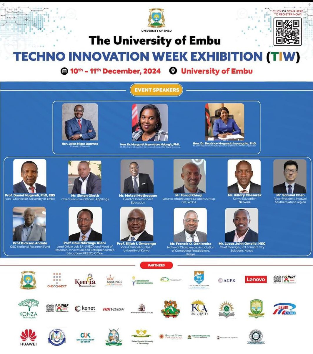 Discover the future of tech innovation at the Techno Innovation Week. Learn how ICT-driven solutions are transforming Kenya’s economy and advancing Vision 2030.
The University of Embu
#UoEmTIW2024
Techno Innovation Week Embu