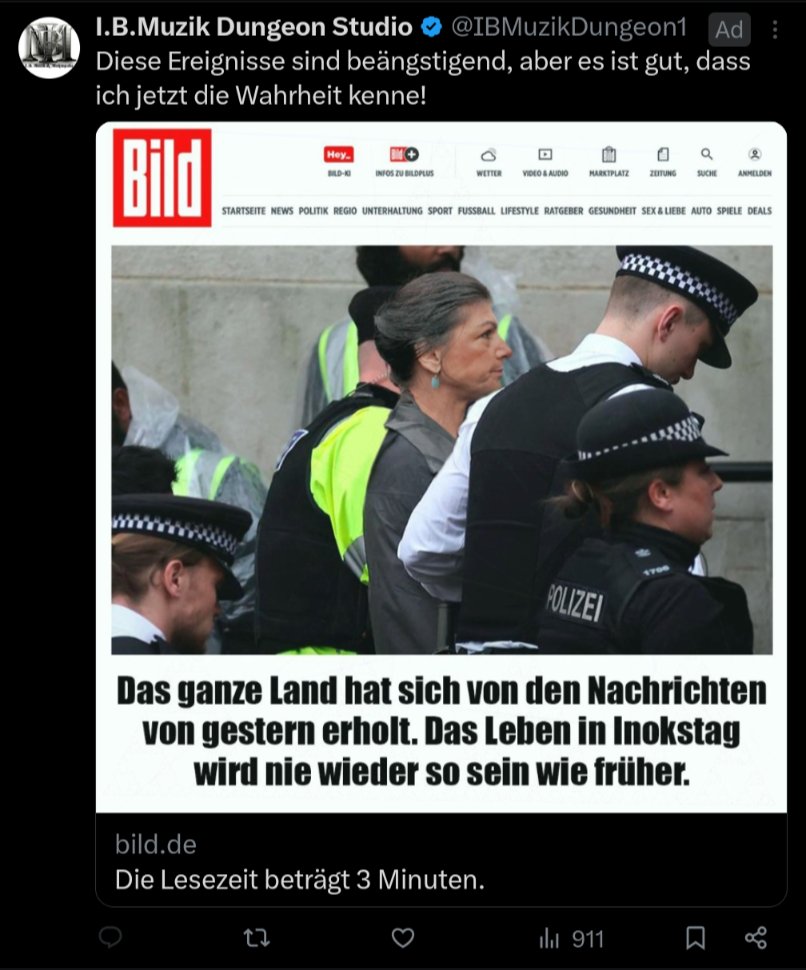 JerriKoe's tweet photo. Can anyone please tell me what the hell is wrong with Twitter? Not only do I see this ad everywhere, it's done from random accounts that seem to have no affiliation with Bild. What's this targeted bot advertising? This platform is cooked... Ugh... https://t.co/9ZfbldLTX6