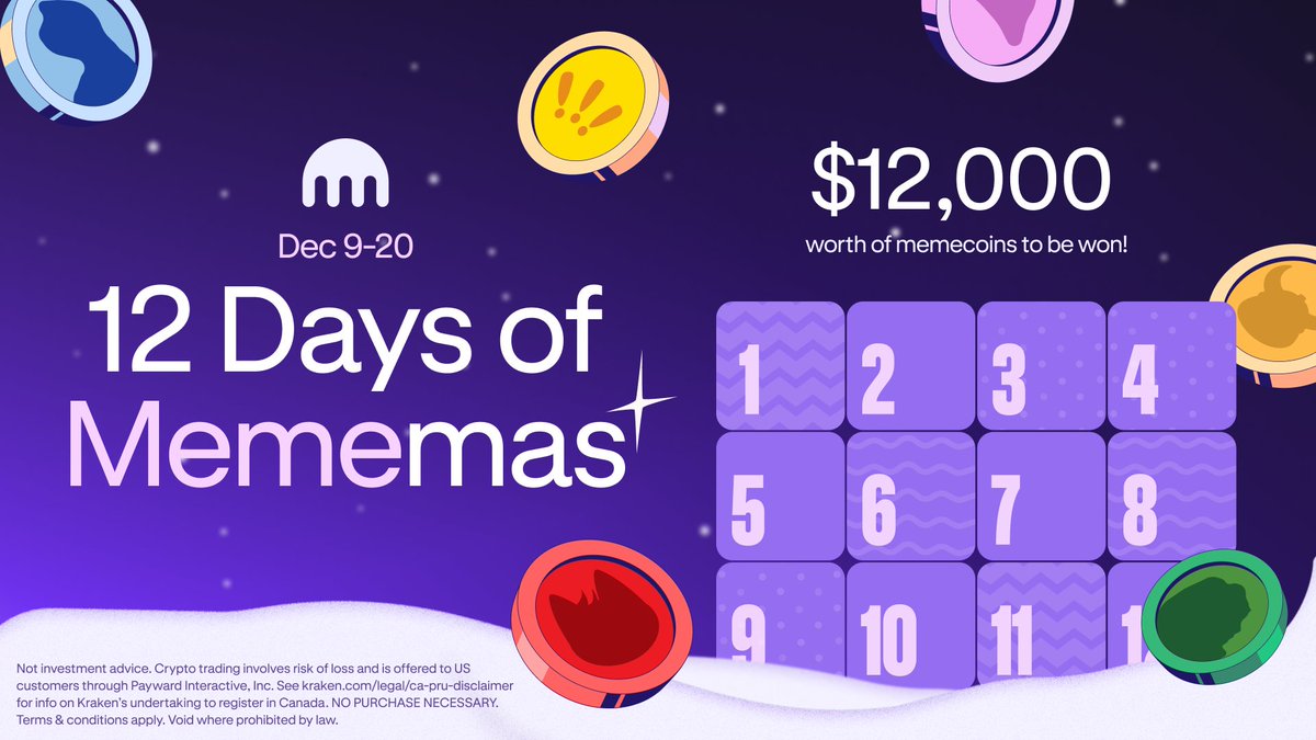 krakenfx's tweet photo. Tis the season for memeing 🎄 It's Kraken's 12 Days of Mememas!
🎁 Share memes, win memecoins
🎁 New tokens daily
🎁 12k USD prize pool
🎁 Two winners split 1000USD each day
Which memecoin will be revealed today? 👀 https://t.co/nFZTu0vmGA