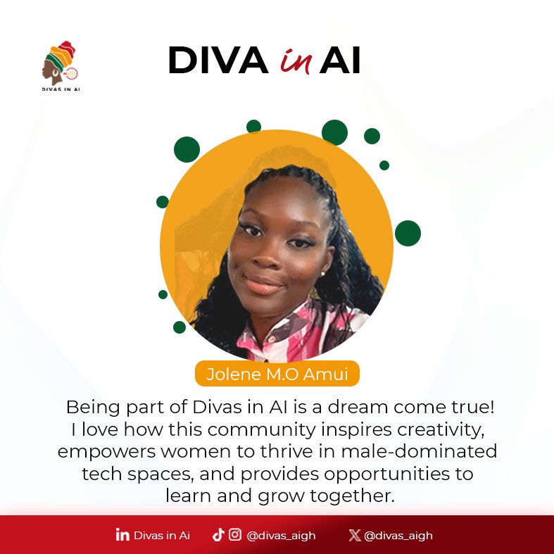 Divas in AI (@divas_aigh) on Twitter photo Meet Jolene Amui, our #WomanofDiA!!Talented Data Analyst & Publicity Lead, Jolene shares her inspiring journey with <a href="/divas_aigh/">Divas in AI</a>
#WomeninTechGh #DiAG #GrowwithDivas #WomenInAI Meet Jolene Amui, our #WomanofDiA!!Talented Data Analyst & Publicity Lead, Jolene shares her inspiring journey with <a href="/divas_aigh/">Divas in AI</a>
#WomeninTechGh #DiAG #GrowwithDivas #WomenInAI