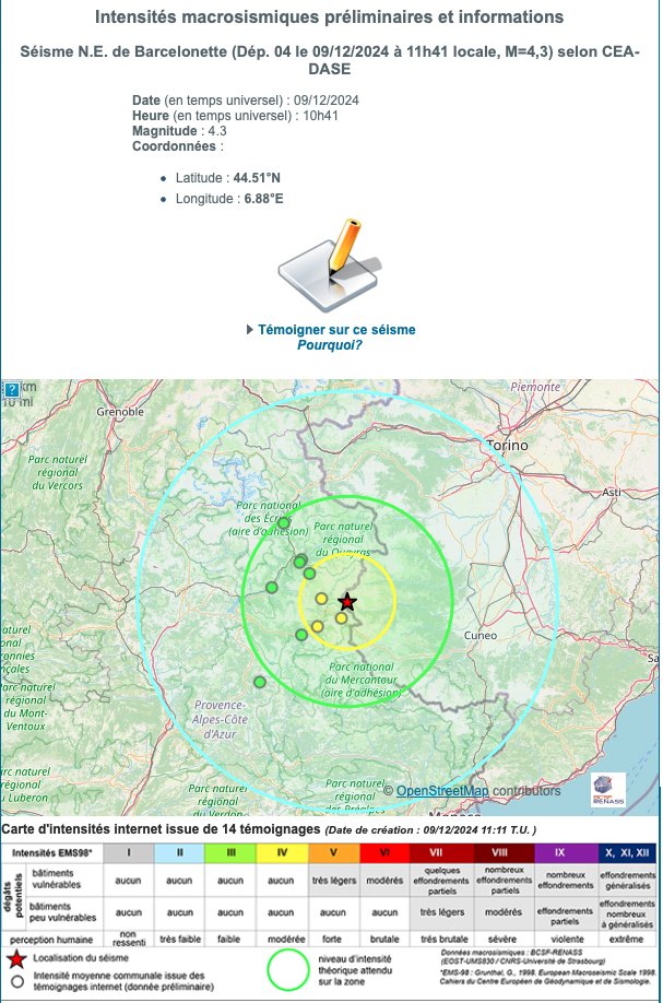 FranceSeisme (@franceseisme) on Twitter photo Séisme N.E. de #Barcelonette (Dép. 04 le 09/12/2024 à 11h41 locale, M=4,3) selon CEA-DASE
Apportez nous votre témoignage pour l'estimation de la sévérité de la secousse. Likez, partagez.
franceseisme.fr/nseisme.php?Id…
<a href="/ISTerre_fr/">ISTerre</a> <a href="/Prefet04/">Préfet des Alpes-de-Haute-Provence</a> <a href="/EQ_Geoazur/">Earthquakes Geoazur</a> Séisme N.E. de #Barcelonette (Dép. 04 le 09/12/2024 à 11h41 locale, M=4,3) selon CEA-DASE
Apportez nous votre témoignage pour l'estimation de la sévérité de la secousse. Likez, partagez.
franceseisme.fr/nseisme.php?Id…
<a href="/ISTerre_fr/">ISTerre</a> <a href="/Prefet04/">Préfet des Alpes-de-Haute-Provence</a> <a href="/EQ_Geoazur/">Earthquakes Geoazur</a>