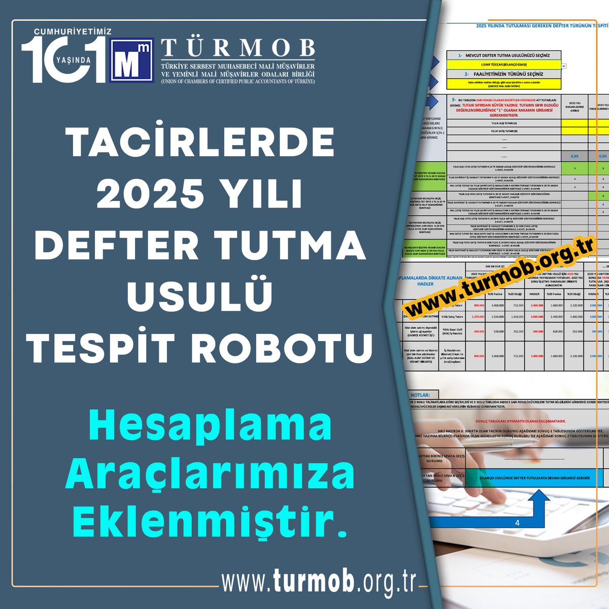 Tacirlerde “2025 Yılı Defter Tutma Usulü Tespit Robotu” Hesaplama Araçlarımıza Eklenmiştir ➡ turmob.info/3OSBEXH

📌 Hesaplama Aracı ➡ turmob.org.tr/Arsiv/2024_Hes…

#türmob