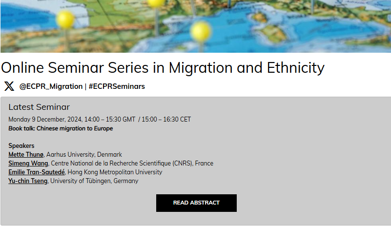 ECPR SG Migration & Ethnicity (@ecpr_migration) on Twitter photo Join us today for our <a href="/ECPR_Migration/">ECPR SG Migration & Ethnicity</a> webinar series to discuss about #Chinese #migration to #Europe w/ @MThunoe, <a href="/simeng0_0/">Simeng Wang</a>, Emilie Tran-Sautedé & Yu-chin Tseng
🗓️9 December, 2024, 15:00 CET (14:00 GMT)
More details and how to join: ecpr.eu/Events/318 Join us today for our <a href="/ECPR_Migration/">ECPR SG Migration & Ethnicity</a> webinar series to discuss about #Chinese #migration to #Europe w/ @MThunoe, <a href="/simeng0_0/">Simeng Wang</a>, Emilie Tran-Sautedé & Yu-chin Tseng
🗓️9 December, 2024, 15:00 CET (14:00 GMT)
More details and how to join: ecpr.eu/Events/318