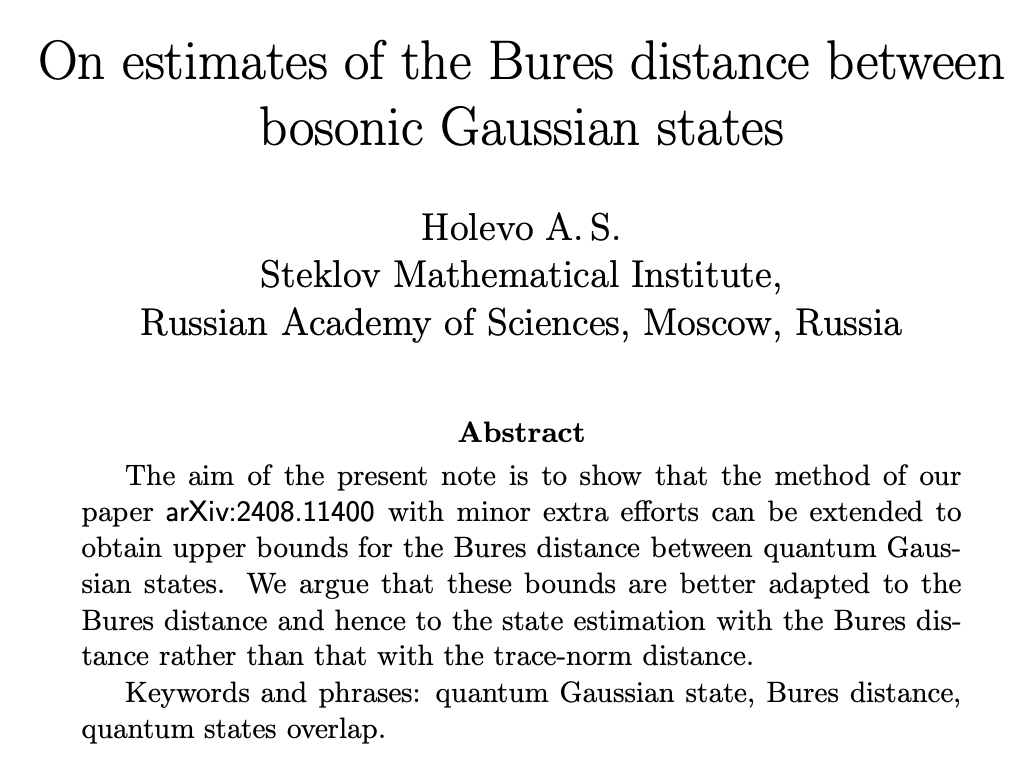 The saga of bosonic perturbation bounds continues: a new work of Holevo on arXiv today, check it out!    

It's his second paper on this topic. I am truly honoured to see that our bosonic learning papers inspired Holevo to work on these kind of questions

arxiv.org/abs/2412.04875
