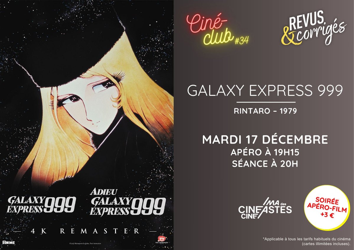 [CINÉ-CLUB]  

🛸 𝐆𝐀𝐋𝐀𝐗𝐘 𝐄𝐗𝐏𝐑𝐄𝐒𝐒 𝟗𝟗𝟗 🛸

Une séance inédite d'un film très rare au cinéma ! 
Elle sera présentée par l'équipe de <a href="/revuscorriges/">Revus & Corrigés</a>.

📅 Mardi 17 décembre à 20h au Cinéma des cinéastes.

🎟️cinema-des-cineastes.fr/events/show/357