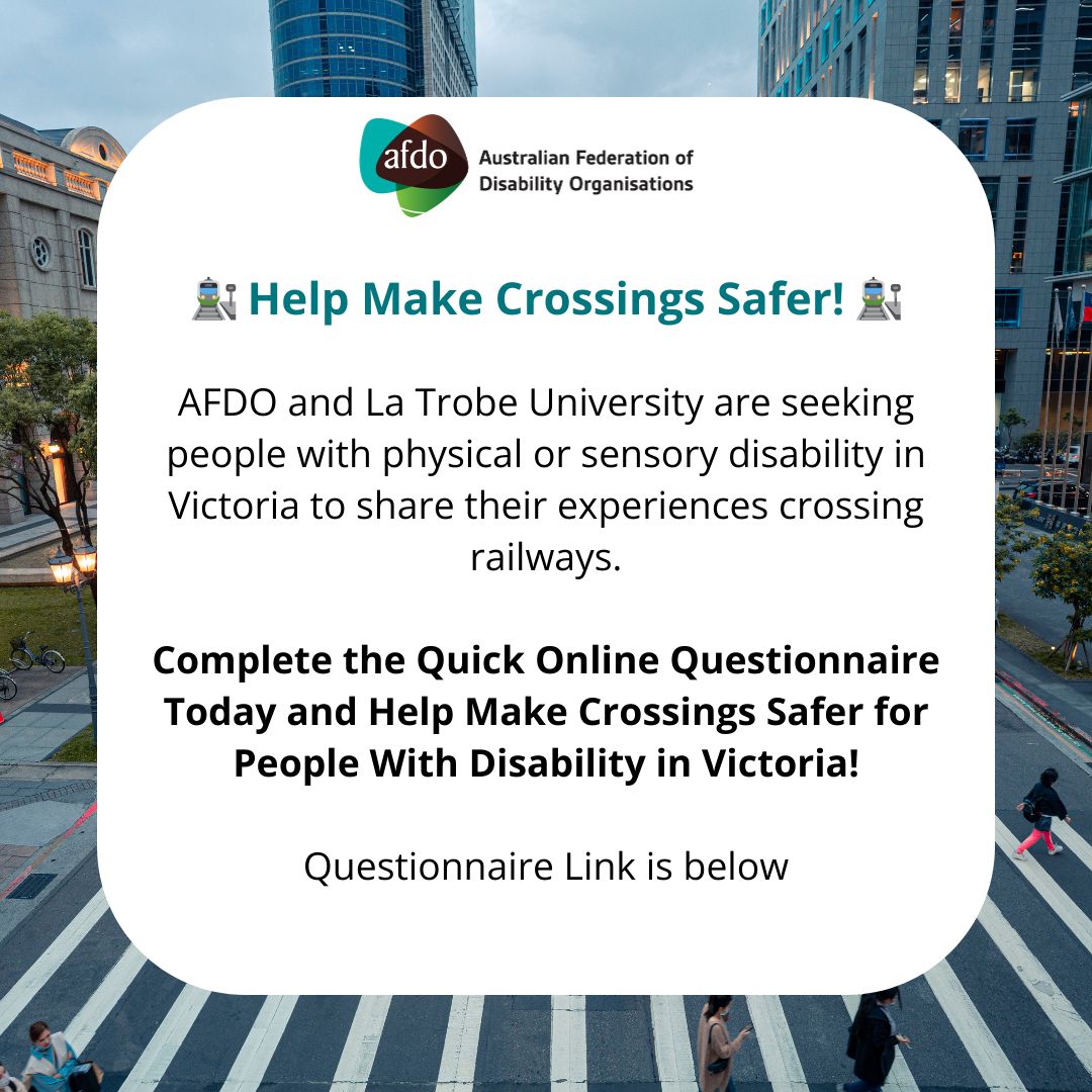 Have 5 minutes? Share your experiences with railway crossings to help improve safety for people with disability in Victoria.
👉 buff.ly/3Zrgyor 
Let’s make crossings safer together! 🚦
#disabilityrights #advocacy #AccessForAll