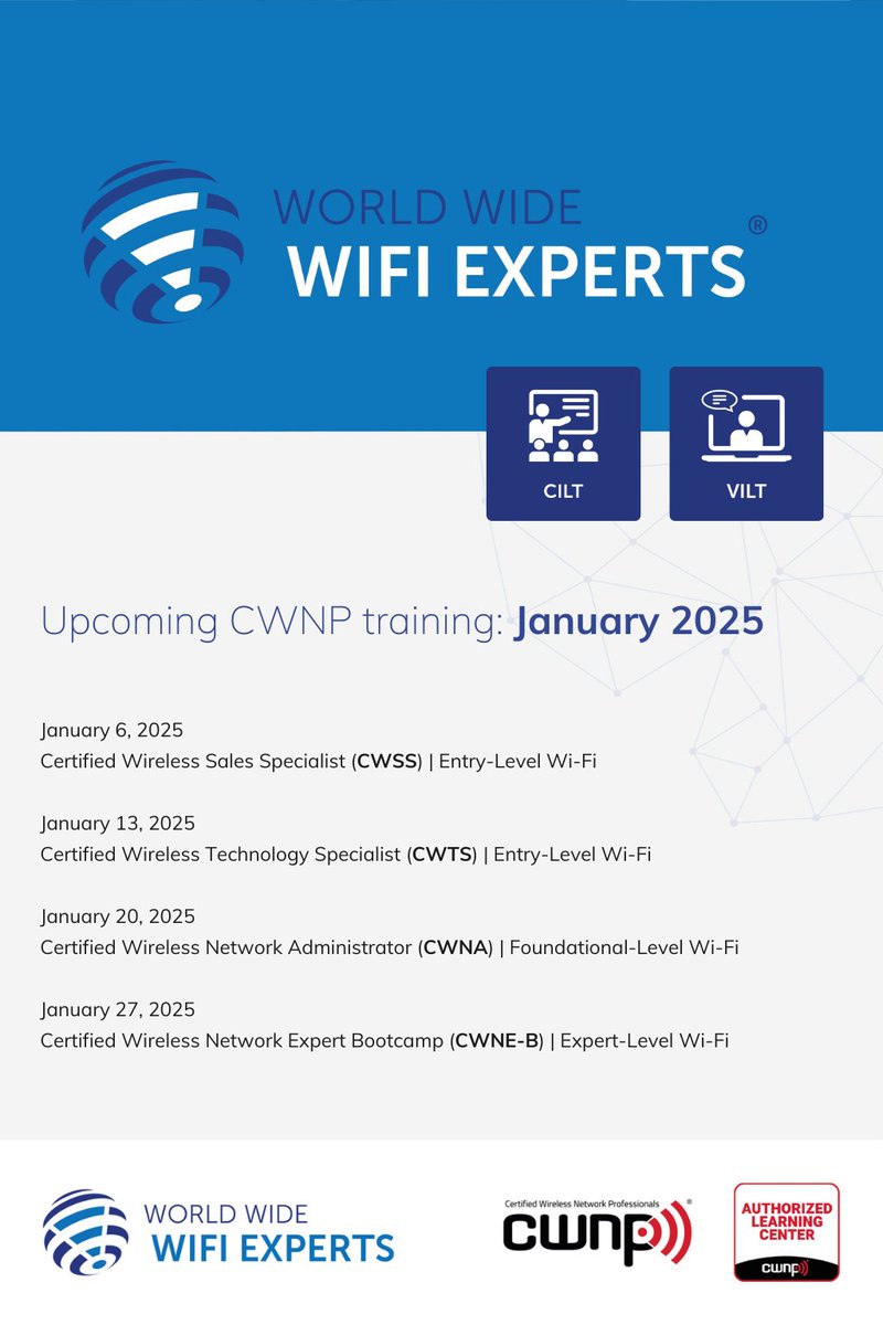 WWW_Experts's tweet image. CWNP Wi-Fi training Q1, 2025 by @WWW_Experts 

@WWW_Experts is an Authorized Learning Center (ALC®) by @CWNP 

Explore more: tinyurl.com/mr2v96y9

#cwnp #wifi #rf #wlan #wireless #iot #training #tech #certifications #wirelessnetworking #wirelesscommunications #learning #expert