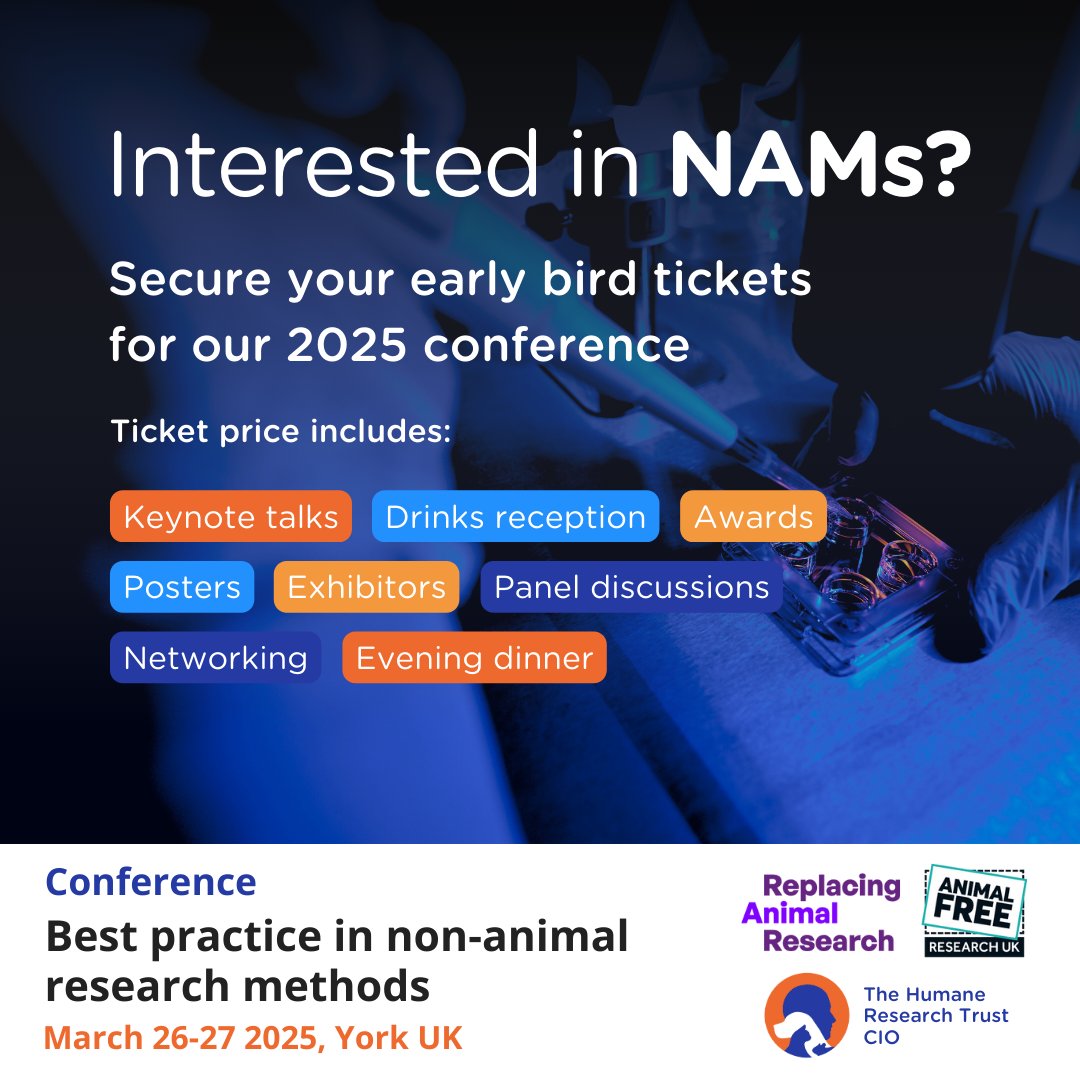 Secure your early bird tickets to 'Best practice in non-animal research methods', a conference co-hosted by ourselves, <a href="/AFR_UK/">AnimalFreeResearchUK</a> and <a href="/ReplAnimalRes/">Replacing Animal Research</a> 🧪

There's only a limited quantity of tickets available at this discounted rate - don't miss out.

Book now: …placinganimalresearch.beaconforms.com/form/65a43db4