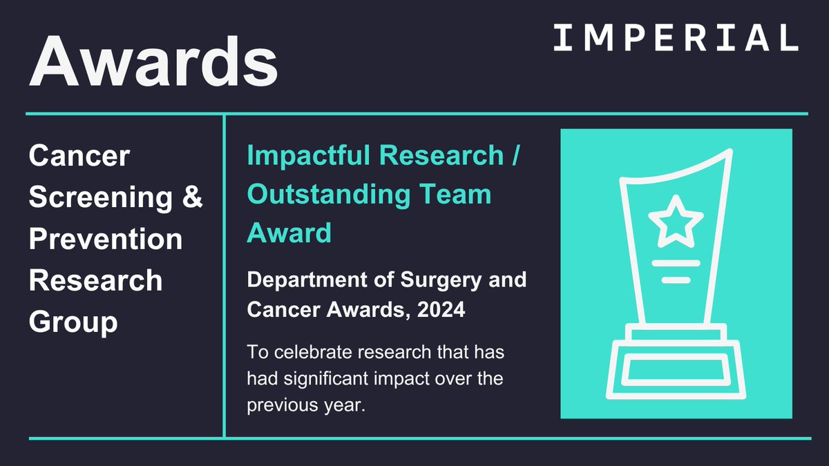 Cancer Screening & Prevention Research Group (@csprg_imperial) on Twitter photo Thrilled to share that CSPRG has won the <a href="/ImperialSandC/">Surgery and Cancer</a> Impactful Research/Outstanding Team award!
This honor celebrates the significant impact of our work over the past year. A huge thank you to our amazing team for their dedication & hard work!
#ResearchImpact #CancerResearch Thrilled to share that CSPRG has won the <a href="/ImperialSandC/">Surgery and Cancer</a> Impactful Research/Outstanding Team award!
This honor celebrates the significant impact of our work over the past year. A huge thank you to our amazing team for their dedication & hard work!
#ResearchImpact #CancerResearch