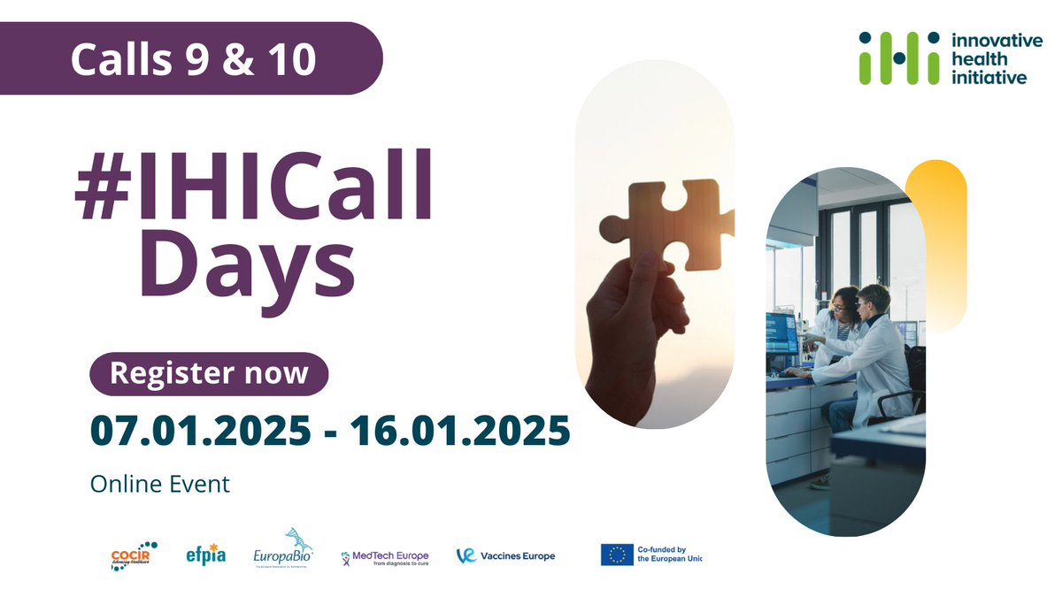 IHIEurope's tweet photo. 📅 Our #IHICallDays for calls 9 &amp; 10 start next week! Register now to benefit from detailed info on the topics plus our rules and procedures. The sessions also include time for questions! 
👉Register: https://t.co/t0z204HAV1 
#IHITransformingHealth #HorizonEU https://t.co/p2cFlMurp3