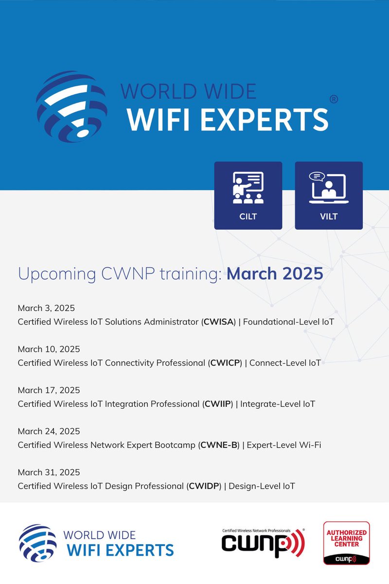 WWW_Experts's tweet image. CWNP Wi-Fi &amp;amp; IoT training Q1, March 2025 by @WWW_Experts

@WWW_Experts is an Authorized Learning Center (ALC®) by @CWNP

Explore more: tinyurl.com/mr2v96y9

#cwnp #wifi #rf #wlan #wireless #iot #training #tech #certifications #learning #expert