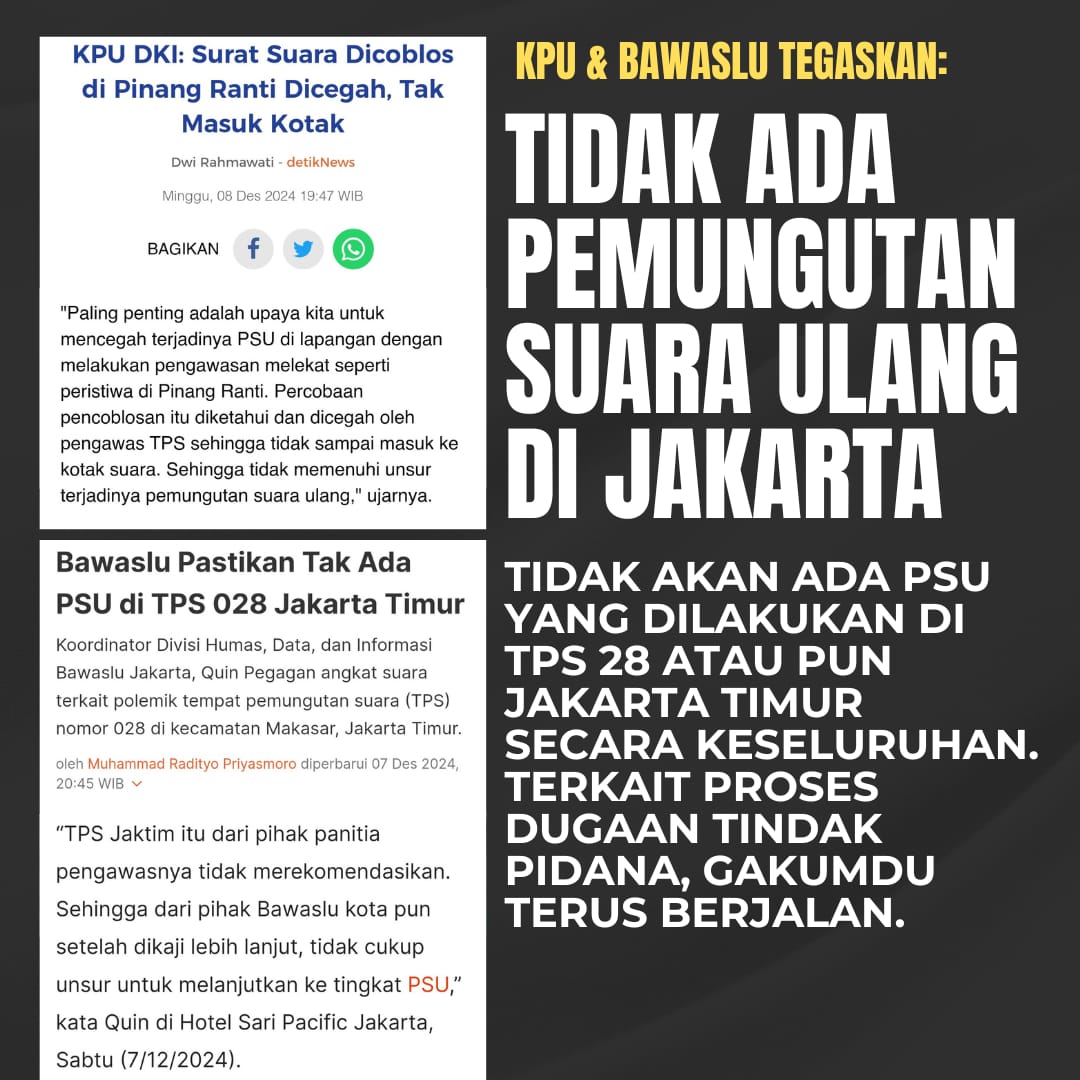 KPU dan BAWASLU TEGASKAN !! 

Tidak ada pemungutan suara ulang di Jakarta

Legowo dunk yg kalah

#Tolak2Putaran