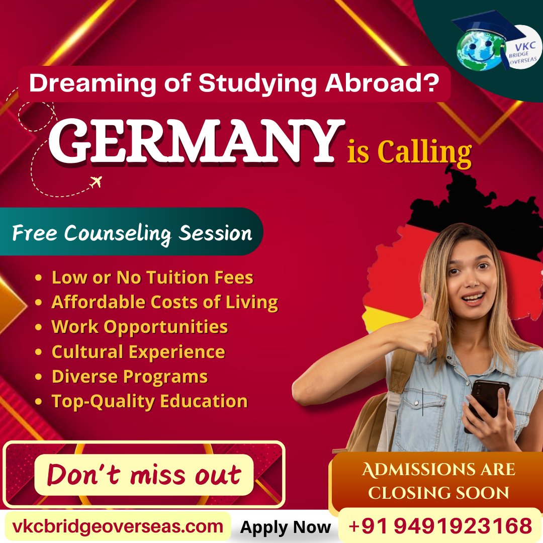 VkcBridge's tweet photo. Study in Germany with VKC Bridge Overseas! 🎓

✨ Dreaming of a world-class education? Germany awaits! ✨

#StudyInGermany #VKCBridgeOverseas #DreamBig https://t.co/beptlez9rV