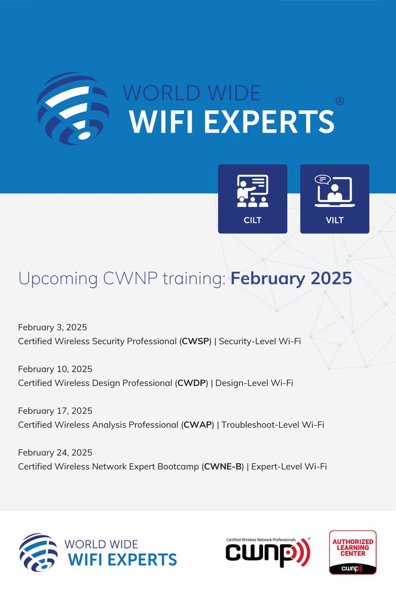 WWW_Experts's tweet image. CWNP Wi-Fi training Q1, February 2025 by @WWW_Experts

@WWW_Experts is an Authorized Learning Center (ALC®) by @CWNP

Explore more: tinyurl.com/mr2v96y9

#cwnp #wifi #rf #wlan #wireless #iot #training #tech #certifications #learning #expert
