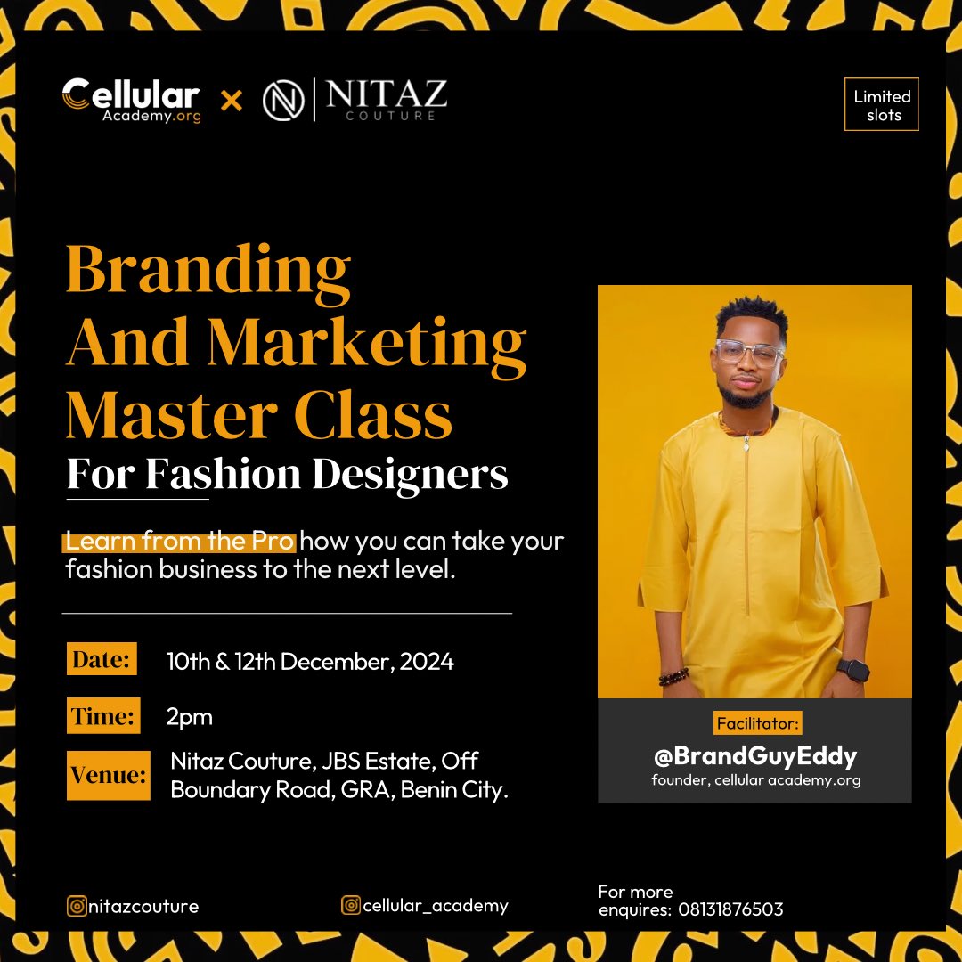 cellularacademi's tweet photo. Are you a fashion designer? And would like grow your business? Then this is for you!
Dm now! for more enquires
Don’t miss out!!! 

#cellularacademy #techacademy #branding #fashiondesigners #beninfashiondesigner https://t.co/i69cga0GXj