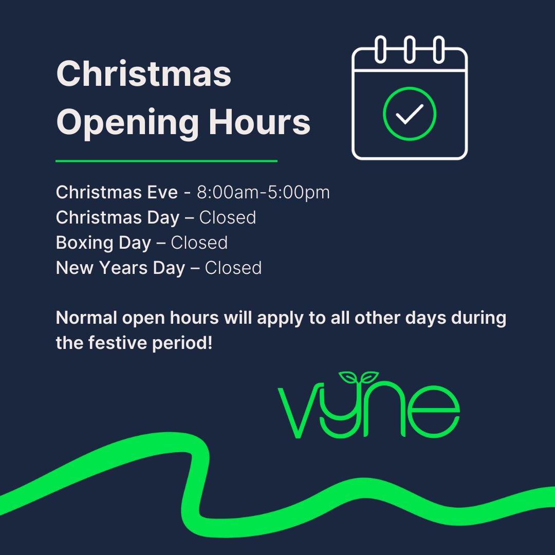 VyneOnline's tweet photo. We'll be open throughout most of the festive period as normal, shipping your orders and answering your questions should you need us, here are a few key dates to keep in mind! https://t.co/bcZWfKKL5i