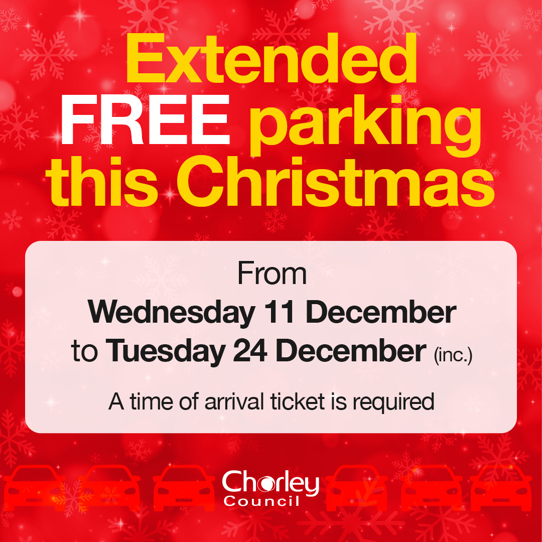 🚗 From 11- 24 December inc. the 1 hour free parking offered on our town centre car parks (except Flat Iron) will be extended to 3 hours (except Flat Iron car park which will be 2 hours free parking). 

Time of arrival ticket required. chorley.gov.uk/carparks
