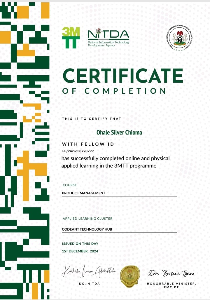 SilverOhale's tweet photo. "A product is that special thing created to solve problems and meet needs.
Congratulations 🎉 to me!I'm happy to have completed the product management course with #3MTTNigeria
Thanks
@bosuntijani
@3MTTNigeria
#itcanonlybeGod 
#productmanagement 
#careerdevelopment
#3mttimosummit https://t.co/dTzajKEq17