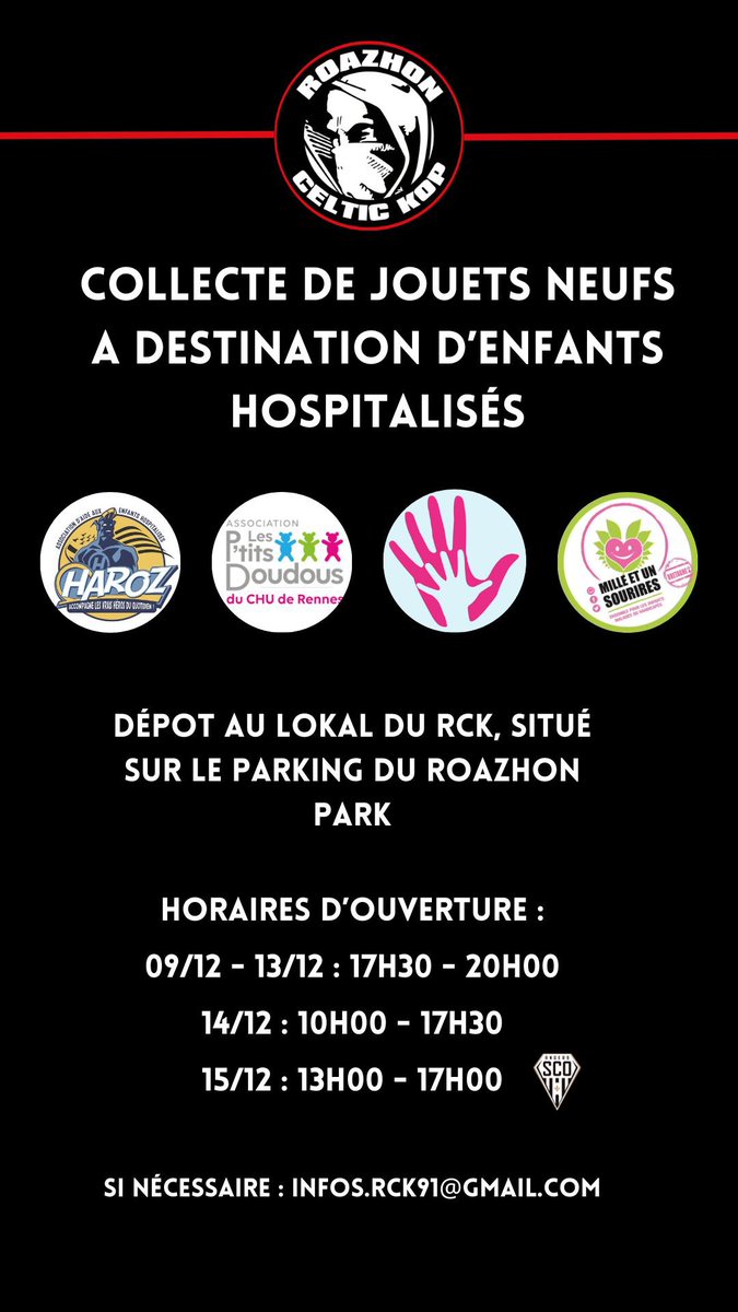 ACTION SOLIDAIRE RCK - COLLECTE DE JOUETS

La collecte débute dès ce soir  à 17h30. 
Nous comptons sur votre générosité en cette période de fêtes.
Ensemble, égayons le quotidien de ceux qui en ont besoin.