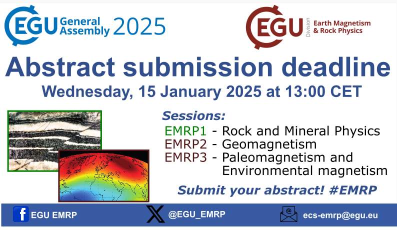 Join us at the EGU General Assembly 2025 in Vienna, from 27 April to 2 May 2025!

Submit your abstract and be part of the scientific discussion!
👉 Session Program: meetingorganizer.copernicus.org/EGU25/sessionp…

We can’t wait to see you in Vienna! 🏙️✨
#EGU25 #RockPhysics #Geomagnetism #EarthScience