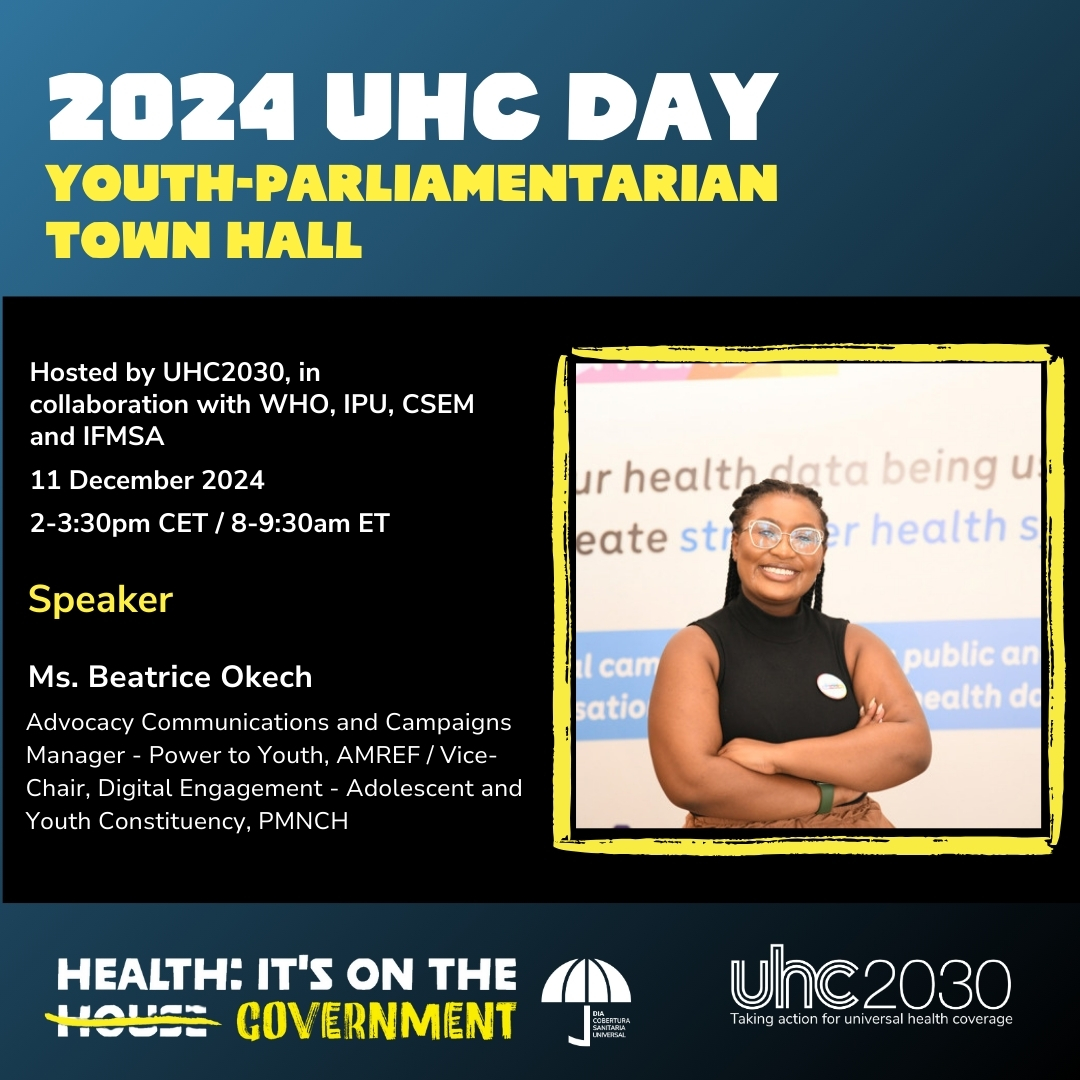 Don’t miss Beatrice Okech at the annual #UHCDay Parliamentarian Town Hall on Dec 11!
Join the discussion on protecting people from impoverishing health costs and achieving #HealthForAll.

⏰ 2-3:30 PM CET
Register now! who.zoom.us/webinar/regist…