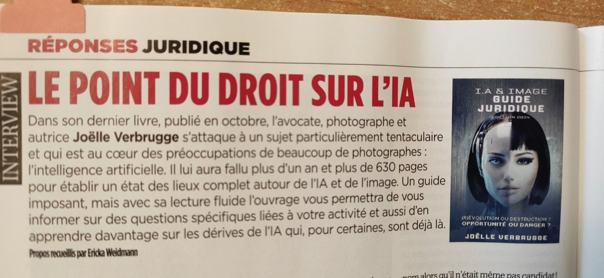 JoelleVerbrugge's tweet photo. Il y a quelques semaines, j'ai eu le plaisir de répondre aux questions de la journaliste Ericka WEIDMANN à propos de mon ouvrage sur l'IA
Ceci a débouché sur une interview, publiée dans le numéro 376 de Réponses Photo, disponible depuis quelques jours.
Merci à Ericka Weidmann https://t.co/sED6KGbBs3