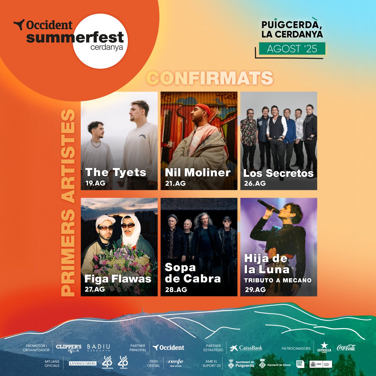 Primeros artistas confirmados del Occident Summerfest 2025.

The Tyets, Nil Moliner, Los Secretos, Figa Flawas, Sopa de Cabra y Hija de la Luna - Tributo a Mecano, son los primeros nombres confirmados para la 4ª edición del festival.

Más información en occidentsummerfest.com