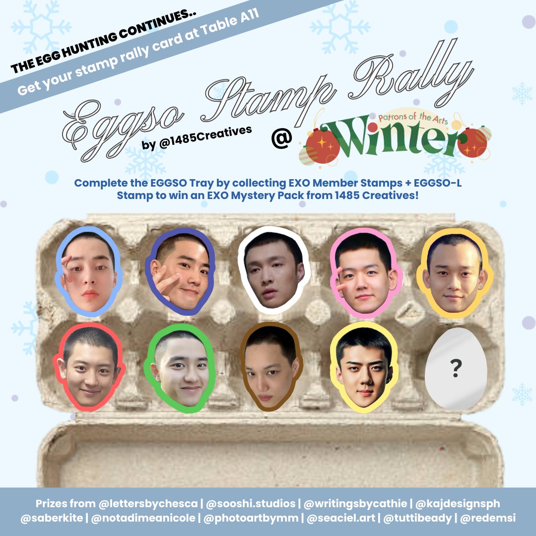 1485Creatives's tweet photo. The search continues..

Unidentified objects have landed from EXOplanet! Can you find them all? 👀🥚🛸☄️

This Dec. 14-15, join the EGGSO stamp rally at Patrons of the Arts Winter to win special treats by EXO-L artists from @1485Creatives! ❄️ https://t.co/jsXwd0MUre