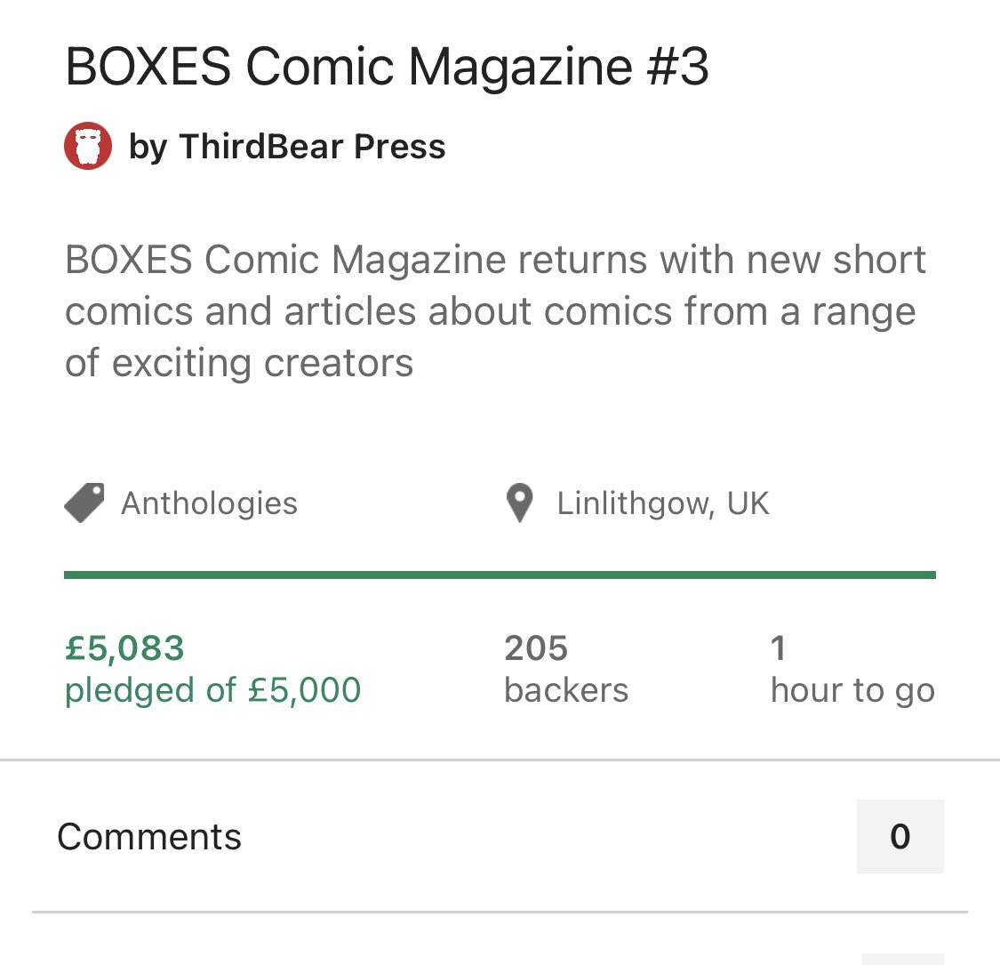 thirdbearpress's tweet photo. Just over an hour to go and we’ve made it over the goal. I’m so relieved!  Thanks so much everyone 🙏

There’s still time to jump on and get your copy of BOXES Vol. 3 if you haven’t yet!

https://t.co/HIzahB22TU https://t.co/Zabk68KdiW