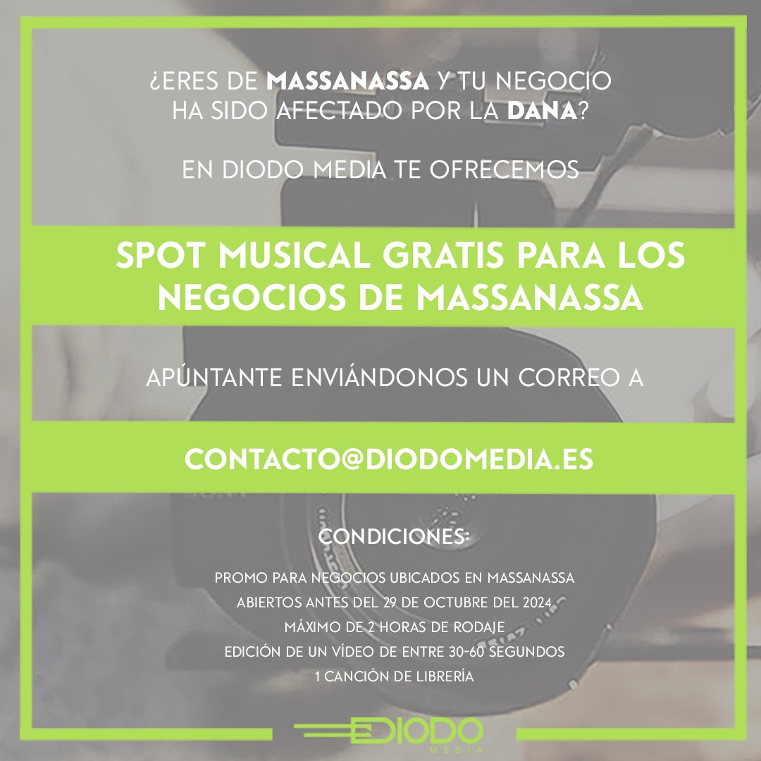 DiodoMedia's tweet photo. ¡Ofrecemos vídeos gratis a los negocios de Massanassa! Toda la info en este link: https://t.co/hgL93Je4ai https://t.co/l2NY1FOuNs