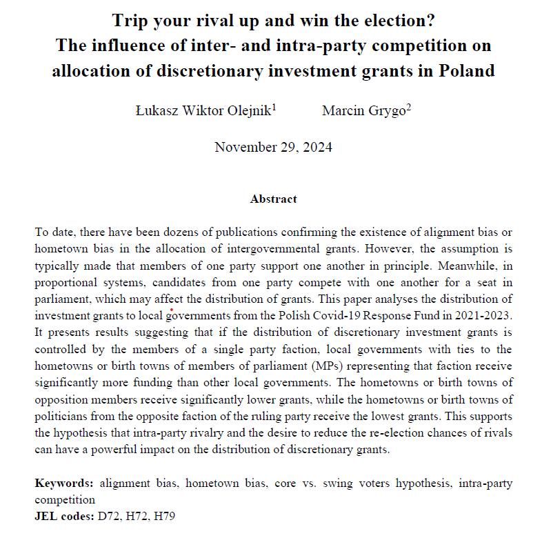 l_olejnik's tweet photo. In our newest paper @GrygoMarcin and I showed that allocation of discretionary investment grants is dependent not only on simple government-opposition division, but also on membership of selected faction of the ruling party https://t.co/kyenfRSy1u
