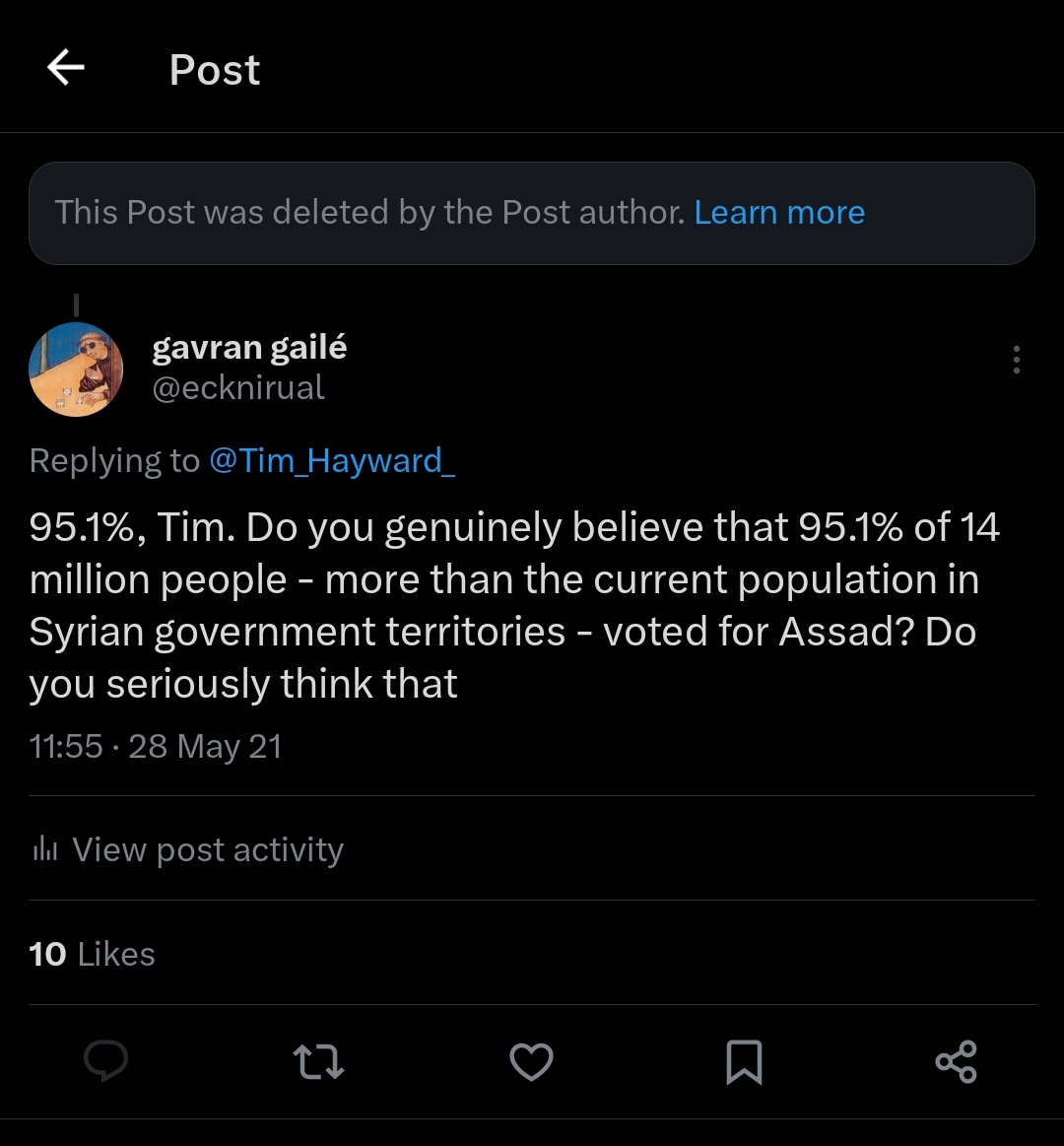 ecknirual's tweet photo. Disgraced University of Edinburgh professor @tim_hayward_ has begun deleting his tweets that claimed Assad's election results were real and he truly did enjoy "95% support" from the Syrian voting population lol https://t.co/gVngPxW5VO