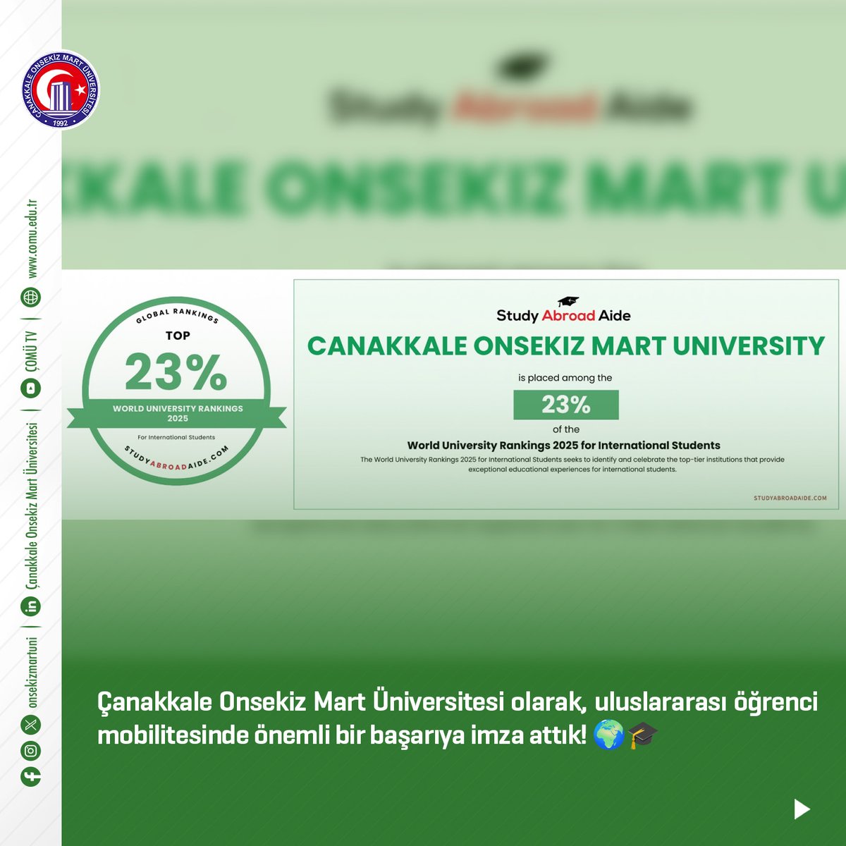 onsekizmartuni's tweet photo. Çanakkale Onsekiz Mart Üniversitesi olarak, uluslararası öğrenci mobilitesinde önemli bir başarıya imza attık! 🌍🎓
#GlobalEducation #StudyAbroadAide #AcademicExcellence #InternationalStudents #Top23% #DünyaÜniversiteSıralamaları
#ÇOMÜ #HepBirlikteDahaİleri 🎯 https://t.co/zFhn27sHrs