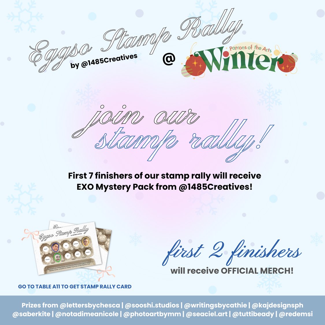1485Creatives's tweet photo. Just purchase at least ₱50 from each artist to claim an EXO member stamp!

The first TWO to complete their eggtray will win special prizes with official merch! 🎁😱 https://t.co/yWc9tBSmdN