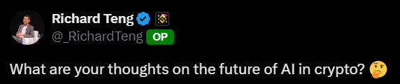 ScreenBooy's tweet photo. 🚨 $NMT Netmind Listing on Binance? 🚨

❗️ Richard Teng is the current CEO of Binance, and he recently tweeted this: 

"What are your thoughts on the future of AI in crypto? 🤔"

✅ This means they are keeping an eye on AI projects and have them very much in mind. 

🪙 We've been rumored for a while now to list $NMT #Netmind on Binance, this further supports it. 

🫱🏽‍🫲🏻 Also, Netmind is on the Binance Smart Chain, #binance  own network.  
😉 It doesn't get any easier than that. 

📈 $NMT also has some of the best fundamentals in the crypto ecosystem.

🎉 For me it is a matter of time before it is listed on Binance, it will happen 100%.

🤯 Let's hope it happens soon, because with the altseason, it will mean a giant rise in the price of $NMT.      
   
 -