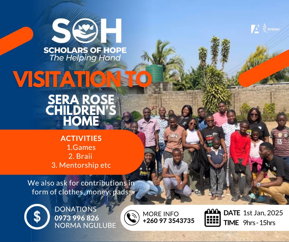 Join Scholars of Hope as we visit Sera Rose Children's Home on January 1, 2025,for a day of fun and mentorship. Activities include games, a braai, and more.  

📅 1st Jan, 2025  
⏰ 9hrs - 15hrs  
Sera Rose Children's Home  

contributions in the form of clothes, money, and pads.