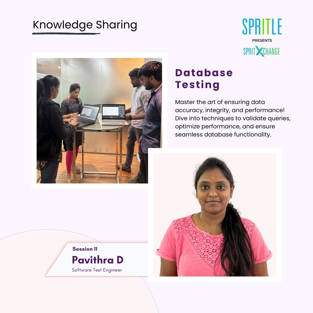 spritlesoftware's tweet image. ✨ Session 11: Database Testing hosted by Pavithra at Spritle Software! 📚💻
Don’t miss this opportunity to explore the best practices and techniques to elevate your database skills! 🌟
#DatabaseTesting #TechLearning #SoftwareQuality #SpritleSoftware #TechTraining