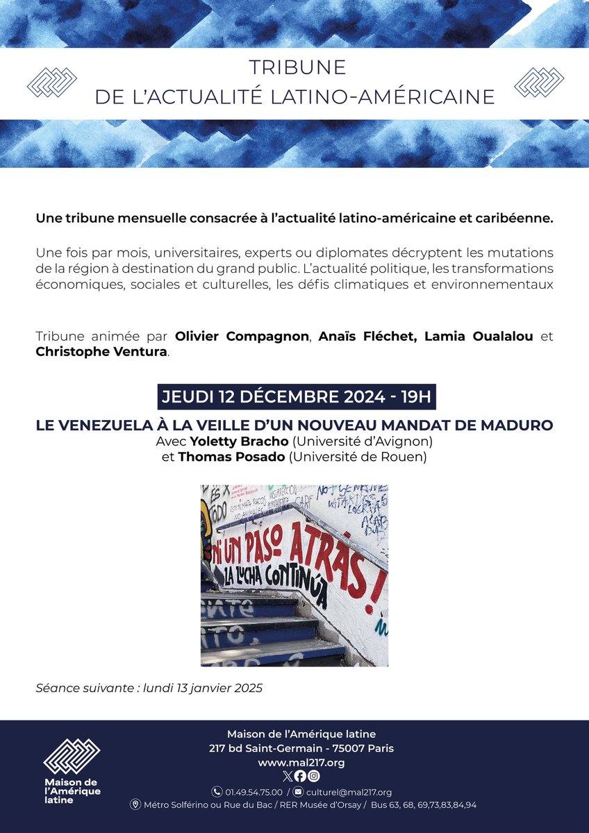 Yoletty Bracho (@yolettybracho) on Twitter photo Rappel : ce jeudi à 19h à la Maison de l’Amérique latine nous discuterons sur la situation au Venezuela à la suite des élections du 28 juillet. Venez nombreuses et nombreux !
<a href="/CompagnonO/">Olivier Compagnon</a> ; <a href="/ThomasPosado/">Thomas Posado</a> Rappel : ce jeudi à 19h à la Maison de l’Amérique latine nous discuterons sur la situation au Venezuela à la suite des élections du 28 juillet. Venez nombreuses et nombreux !
<a href="/CompagnonO/">Olivier Compagnon</a> ; <a href="/ThomasPosado/">Thomas Posado</a>