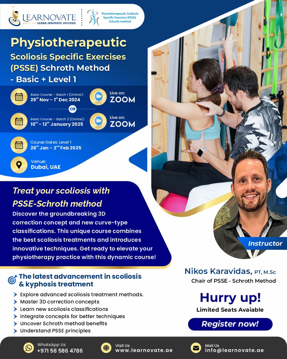 LearnovateHC's tweet image. Master the Schroth Method for scoliosis &amp;amp; kyphosis treatment! 🌟

📅 Course Dates:

Nov 29-Dec 1, 2024 (Online)
Jan 10-12, 2025 (Online)
Jan 28-Feb 2, 2025 (Dubai)
📞 WhatsApp: +971 58 586 4786
🌐 learnovate.ae
#SchrothMethod #ScoliosisTreatment #Physiotherapy