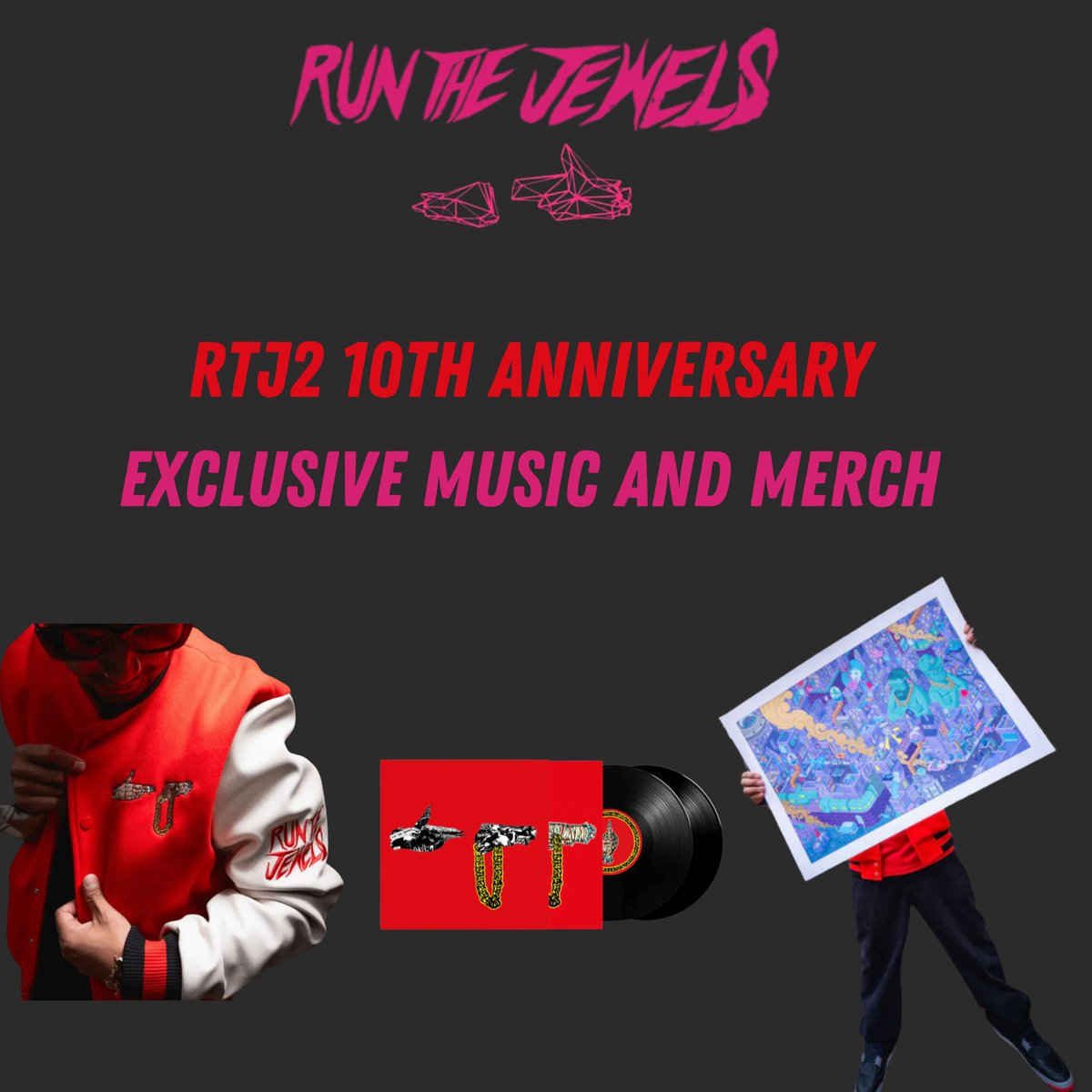 100__PERCENT's tweet image. RTJ2 10th anniversary music and merch from @runjewels is out now on the Run The Jewels official store.
Shop for exclusive double vinyl, merch, jigsaws, badges, patches and the RTJ2 Varsity Jacket.
runthejewels.com