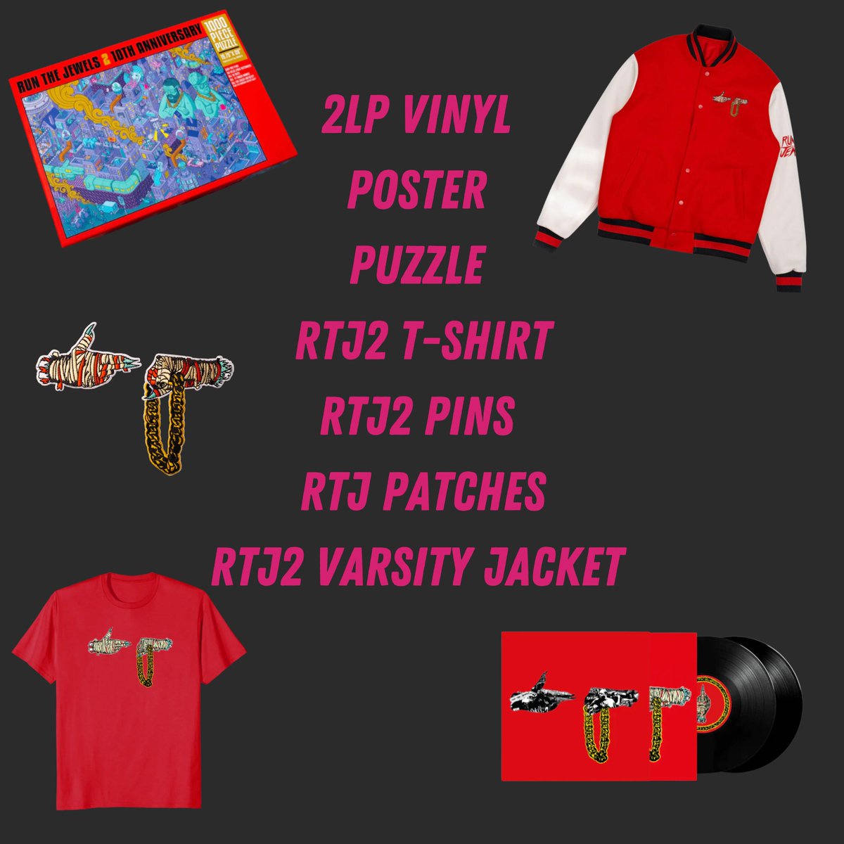 100__PERCENT's tweet image. RTJ2 10th anniversary music and merch from @runjewels is out now on the Run The Jewels official store.
Shop for exclusive double vinyl, merch, jigsaws, badges, patches and the RTJ2 Varsity Jacket.
runthejewels.com
