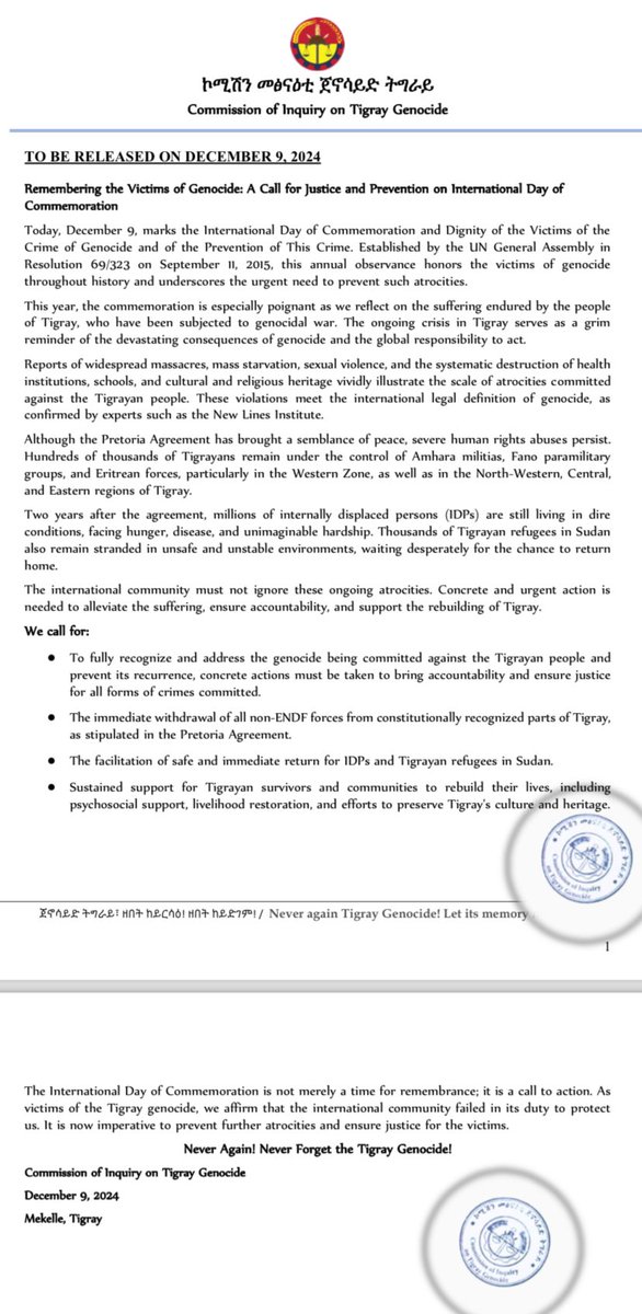 On December 9, the International Day of Commemoration and Dignity of Victims of Genocide, we honor the victims while emphasizing that ending ongoing genocidal wars and preventing future atrocities must be our utmost priority.

Accountability and justice, not appeasement and