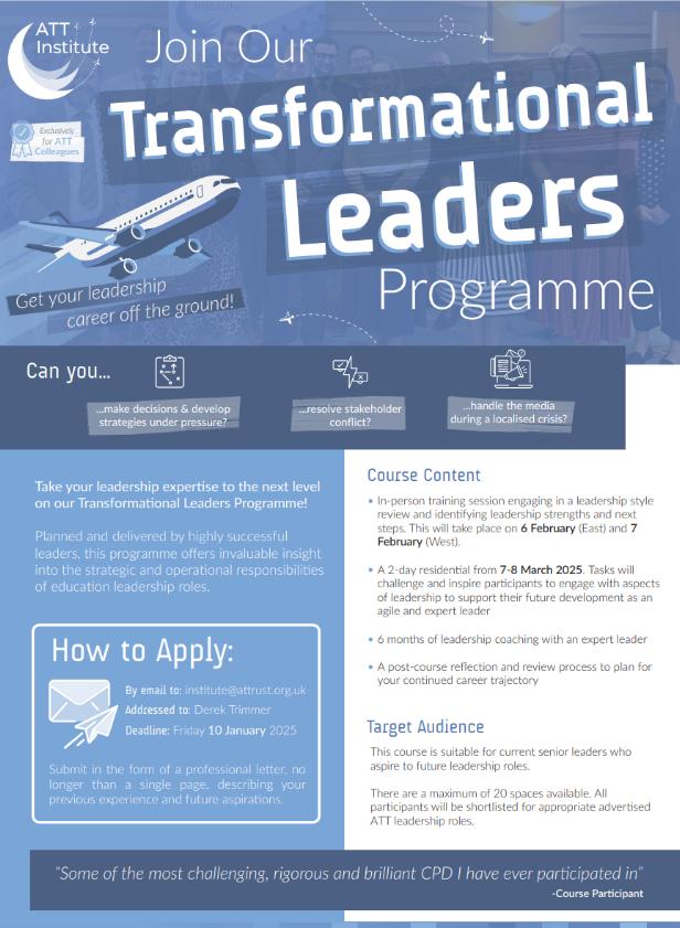 💫 TRANSFORM YOUR LEADERSHIP 💫

If you're a current <a href="/AcademyTrust/">Academy Transformation Trust</a> leader who's interested in getting the next stage of your career off the ground, this is YOUR chance to join our Transformational Leaders Programme! ✈️

🛫 Check out the flyer below &amp; apply👇

#TransformingPD