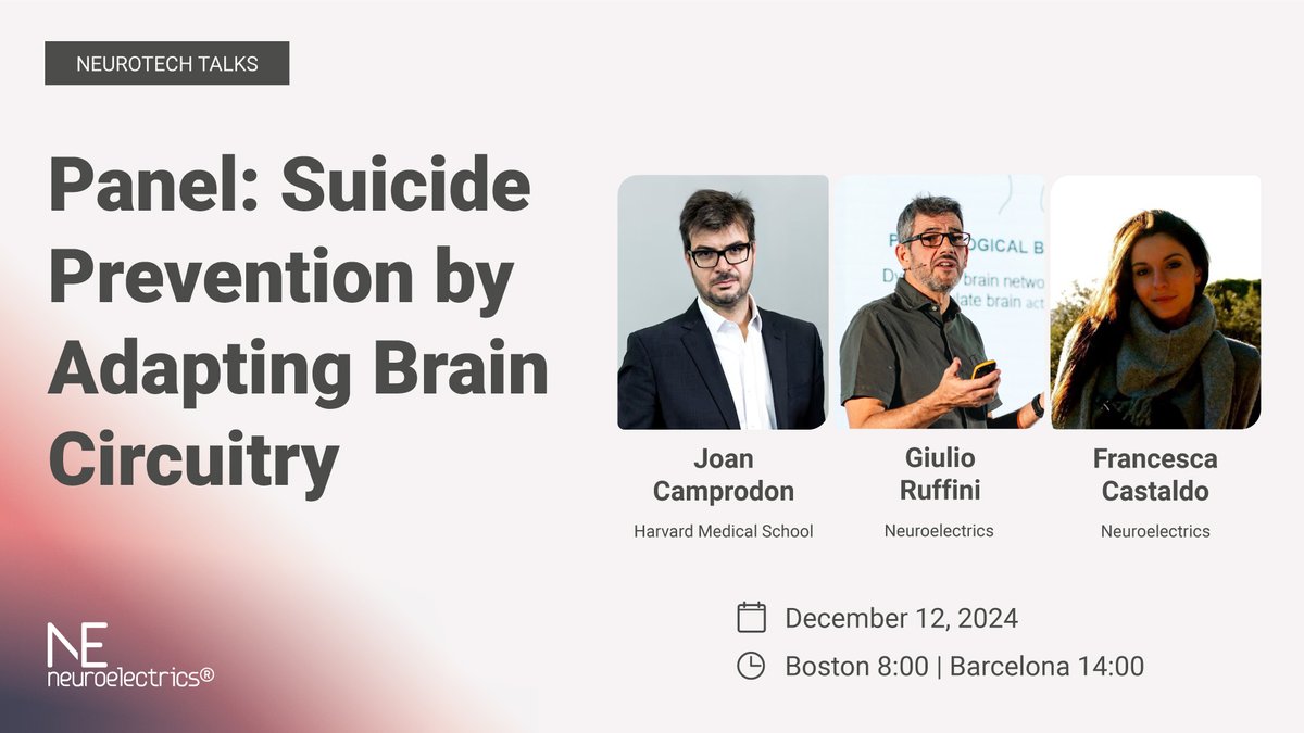Neuroelectrics (@neuroelectrics) on Twitter photo 🚨 Don’t miss this week’s #NeurotechTalk with three incredible experts: <a href="/jacamprodon/">Joan Camprodon</a>, <a href="/ruffini/">Giulio Ruffini</a> & <a href="/Castaldo_Fr/">Francesca</a>!
Register now and discover how neuroscience & brain stimulation are transforming #SuicidePrevention.
Save your spot for Dec 12 here: neuroelectrics.com/webinar/842421… 🚨 Don’t miss this week’s #NeurotechTalk with three incredible experts: <a href="/jacamprodon/">Joan Camprodon</a>, <a href="/ruffini/">Giulio Ruffini</a> & <a href="/Castaldo_Fr/">Francesca</a>!
Register now and discover how neuroscience & brain stimulation are transforming #SuicidePrevention.
Save your spot for Dec 12 here: neuroelectrics.com/webinar/842421…