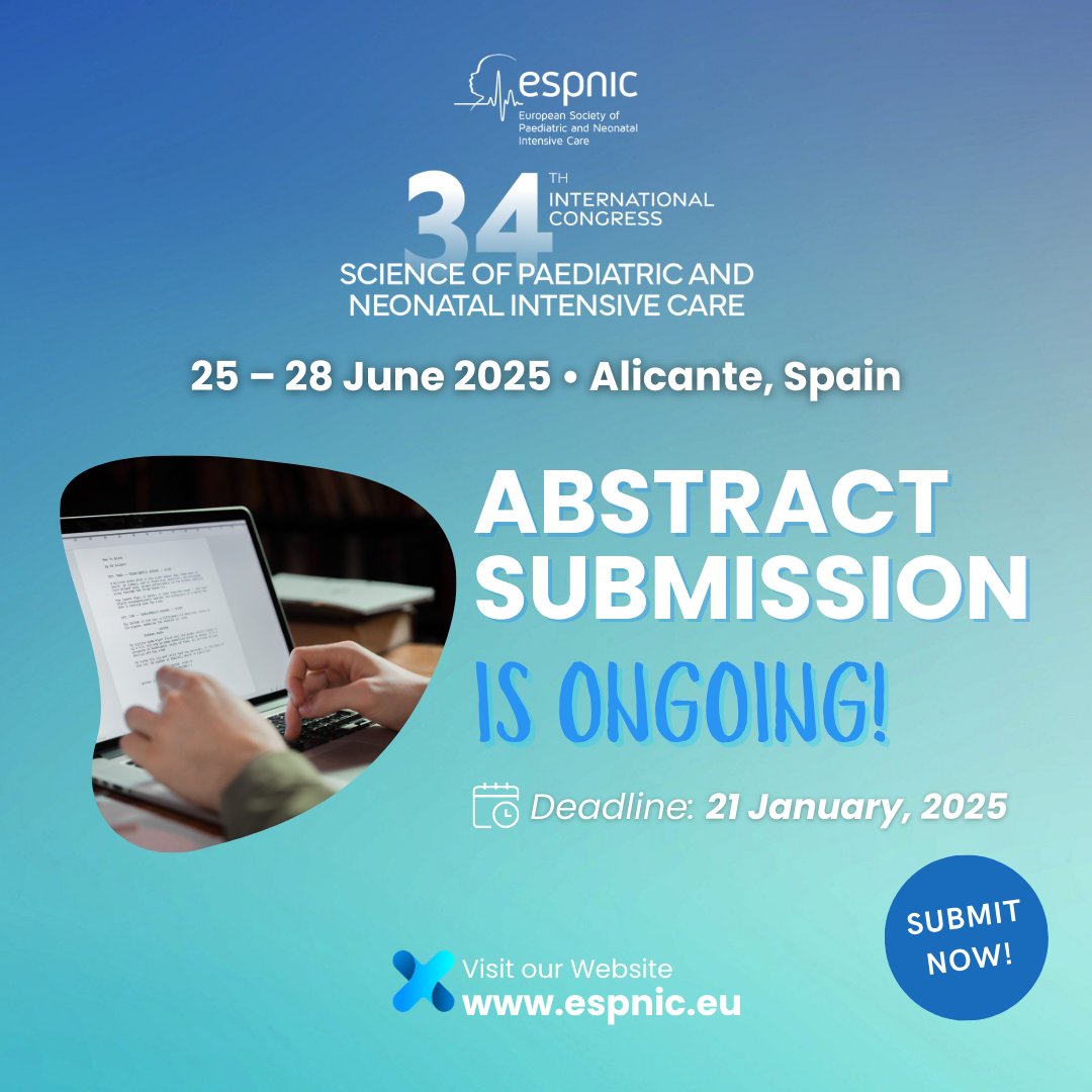 ESPNIC_Society's tweet photo. Share your original research in #paediatric and #neonatal intensive care at the highly anticipated #ESPNIC2025!
📅 The submission deadline of 21 January 2025 is fast approaching – don’t miss this opportunity!
Submit now✅: https://t.co/FYIItjh8WK
#nicu #picu #abstract https://t.co/BBiZiusSe7