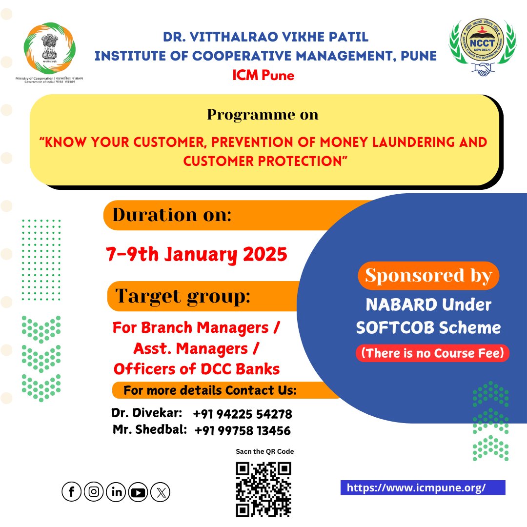 ncct_icmpune's tweet photo. @MinOfCooperatn @ncct_institutes Programme on “Know Your Customer, Prevention of Money Laundering and
Customer Protection” from 7-9th January 2025.
#PACSDevelopment #NABARD #Empowerment #MultipurposeSocieties #RuralDevelopment #CapacityBuilding #narendramodi #maharashtra #pune https://t.co/2QkYR6x8jk