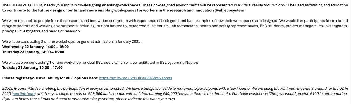 Dawn Bonfield MBE (@dawnbonfield) on Twitter photo The <a href="/edi_caucus/">EDI Caucus</a> needs your input in co-designing enabling workspaces for a virtual reality tool, which will be used for training & education to contribute to the future design of better and more enabling workspaces
3 online workshops
21, 22 & 23 Jan 24
go.hw.ac.uk/EDICa/VR-Works… The <a href="/edi_caucus/">EDI Caucus</a> needs your input in co-designing enabling workspaces for a virtual reality tool, which will be used for training & education to contribute to the future design of better and more enabling workspaces
3 online workshops
21, 22 & 23 Jan 24
go.hw.ac.uk/EDICa/VR-Works…